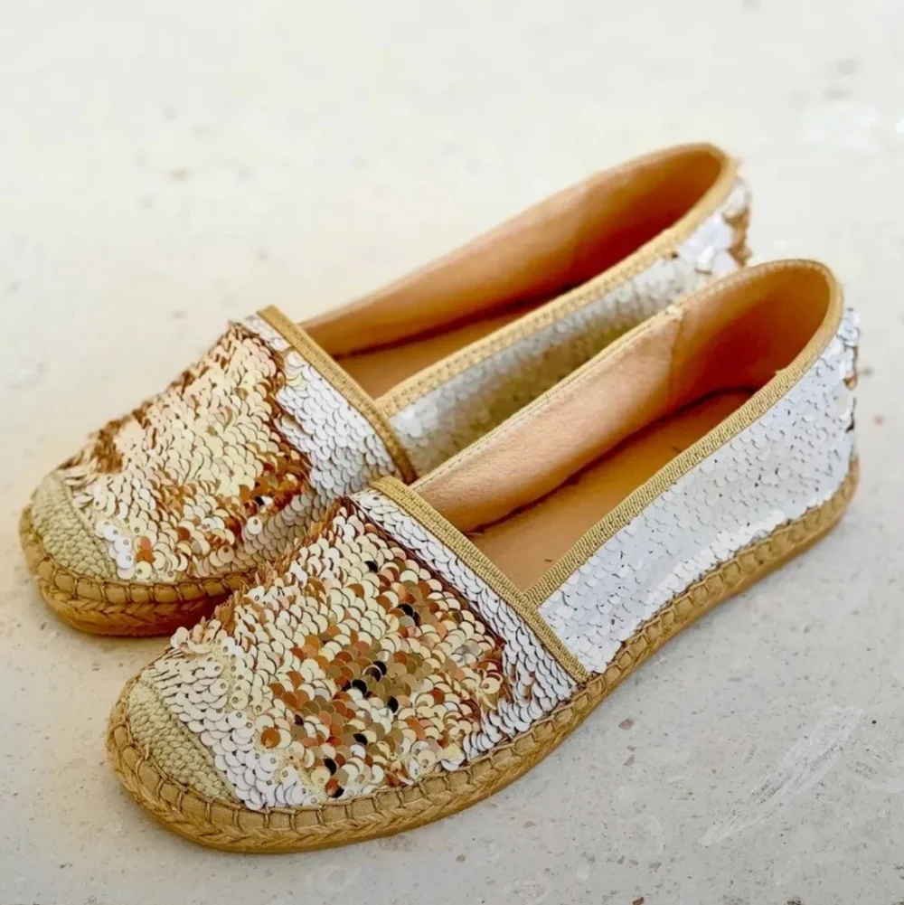 ANDREW STEVENS Chiara Leather Sequins Espadrilles Flats Gold And Cream 37 / 6.5